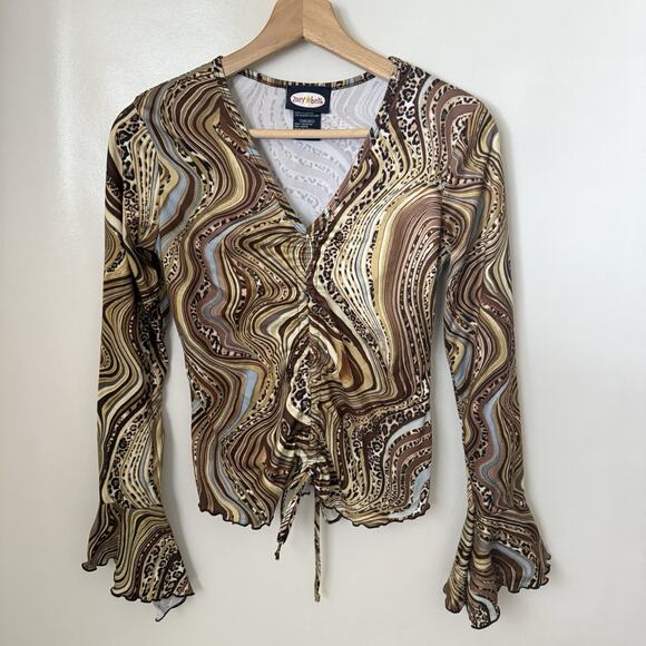 Y2K 90s Vintage Brown Ripple Ruched Babydoll Cropped Leopard Bell Sleeve Top S - Picture 1 of 7